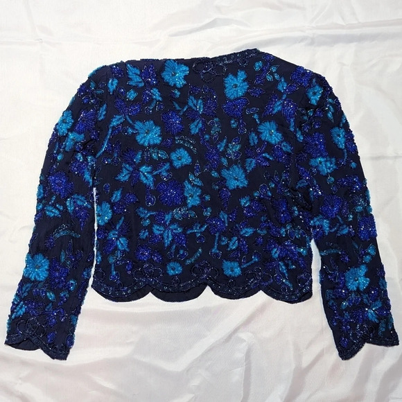 Vintage Frank Usher  Blue 100% Silk Hand Beaded Blazer Jacket Small Grandmacore - Picture 2 of 13